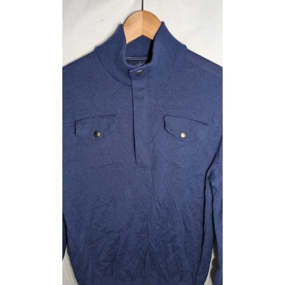 Banana Republic Mens Italian Yarn Quarter Zip Mock Neck Sweater M‎ Navy Pockets